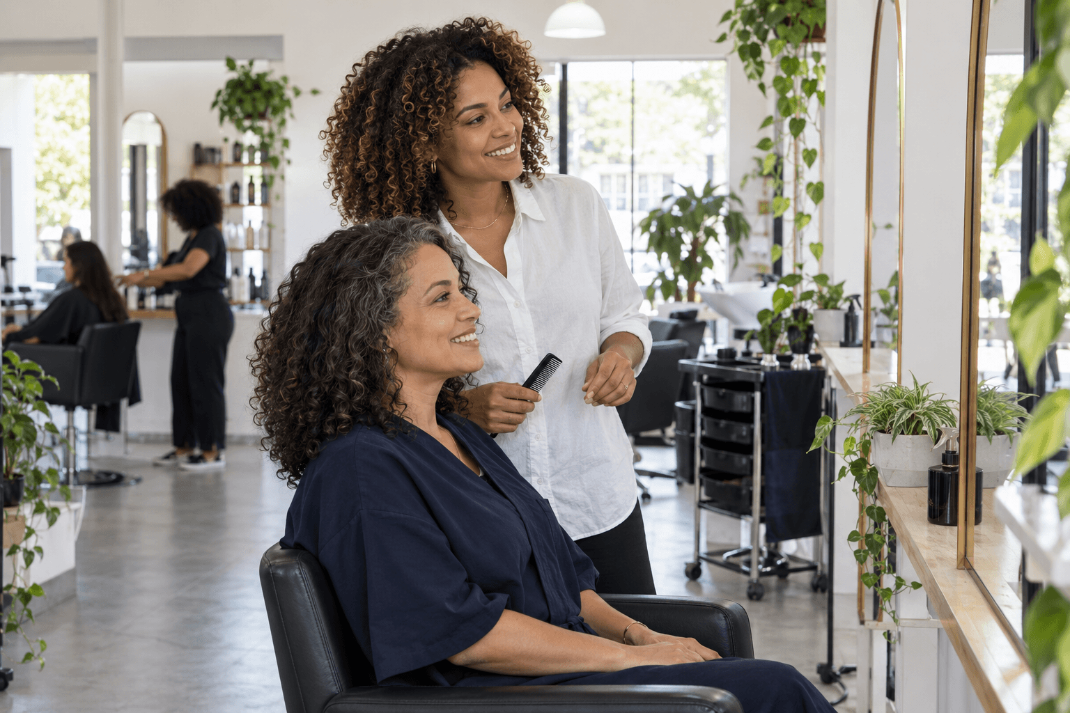 Profissional de um salão conversando com a cliente antes do atendimento
